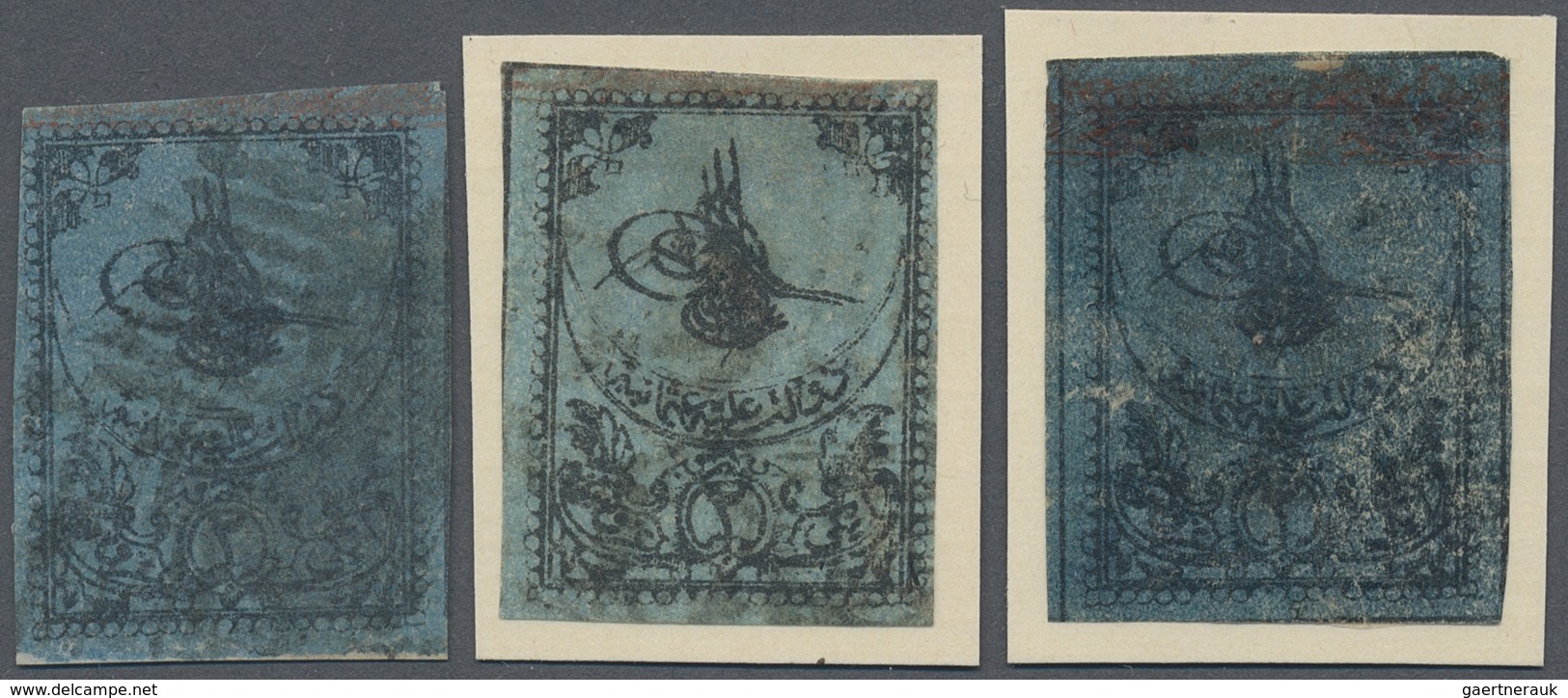 O Türkei: 1863, 2 Pia Blue 1st Printing Three Used Stamps Showing Different Shades, Narrow Spaced, Thi - Brieven En Documenten