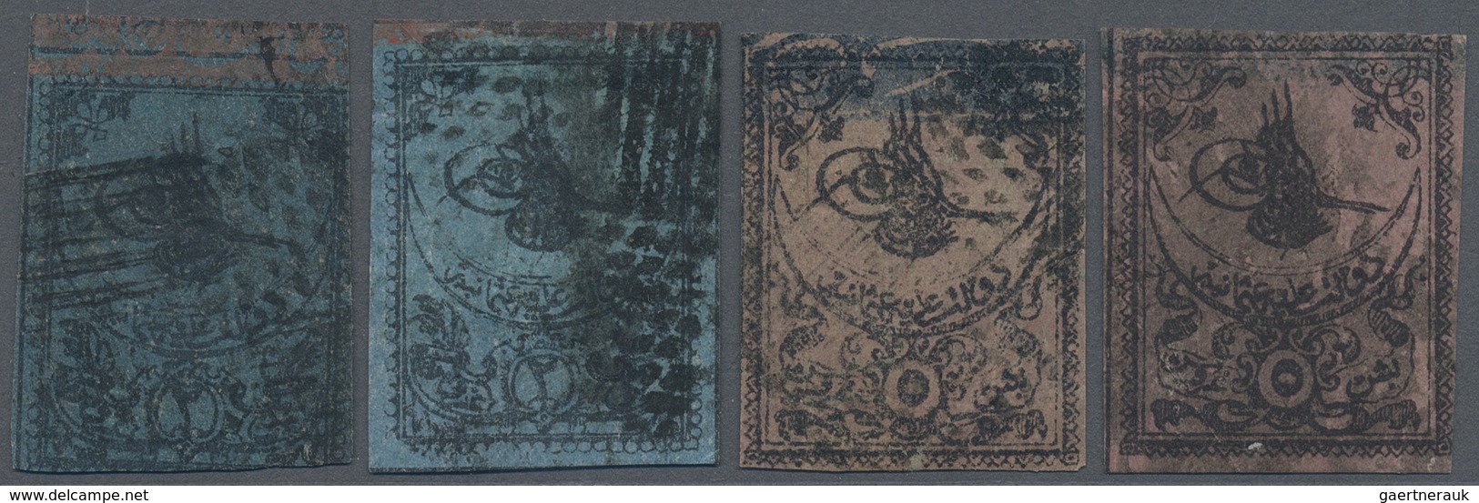 O Türkei: 1863, Two 2 Pia Blue And Two 5 Pia. Rose 1st Printing Used Stamps Showing Different Shades, - Lettres & Documents