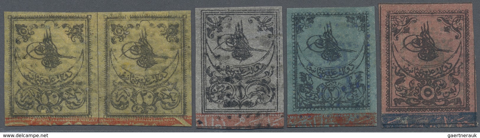 O Türkei: 1863, 20 Para Yellow Pair, 1 Pia. Grey, 2 Pia Blue And 5 Pia. Rose All Second Printing Used, - Lettres & Documents