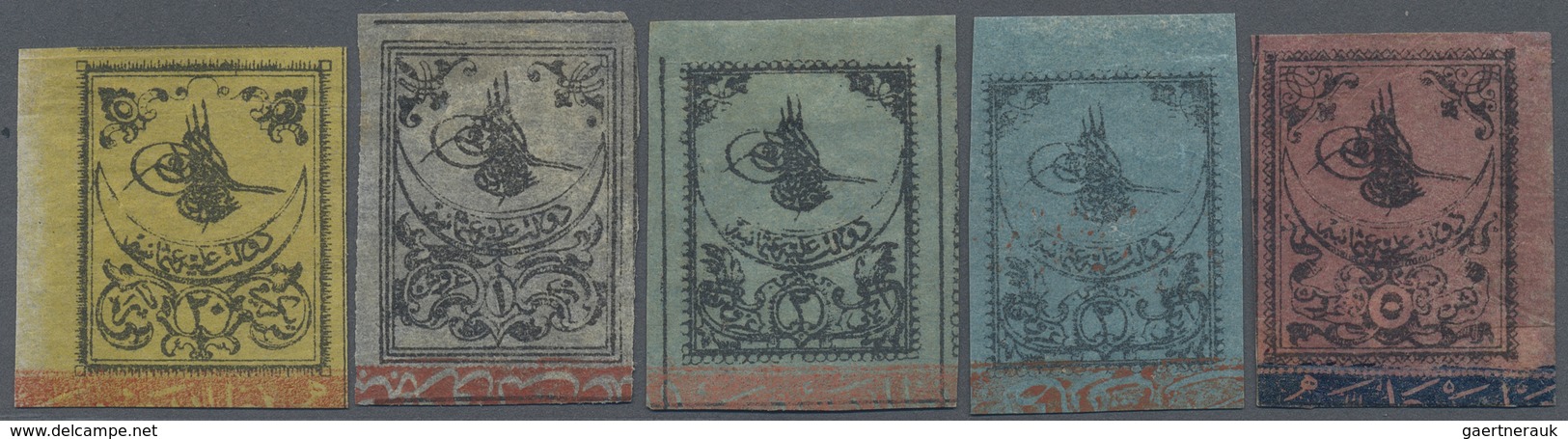 * Türkei: 1863, 20 Para Yellow, 1 Pia. Grey, Two 2 Pia Blue (different Shades) And 5 Pia. Rose All Sec - Brieven En Documenten