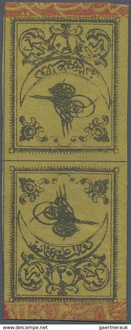 * Türkei: 1863, 20 Pa. Black On Thin Yellow Paper, Mint Vertical «head To Head» Tete-beche Pair, Large - Lettres & Documents