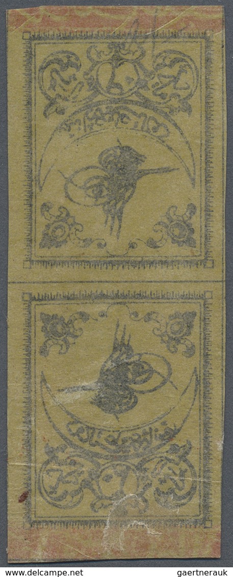 * Türkei: 1863, 20 Pa. Black On Thin Yellow Paper, Mint Vertical «head To Head» Tete-beche Pair, Large - Lettres & Documents