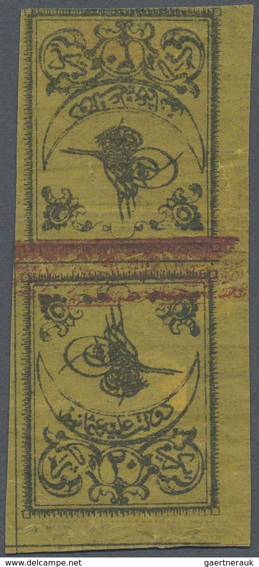 * Türkei: 1863, 20 Pa. Black On Thin Yellow Paper, Variety With Misplaced Fancy Border In Red And Blin - Brieven En Documenten