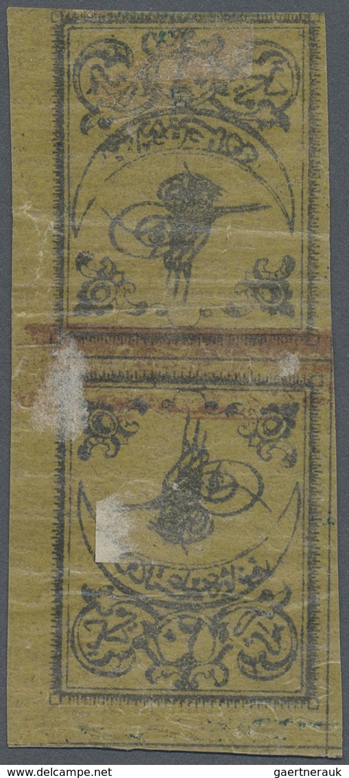 * Türkei: 1863, 20 Pa. Black On Thin Yellow Paper, Variety With Misplaced Fancy Border In Red And Blin - Brieven En Documenten