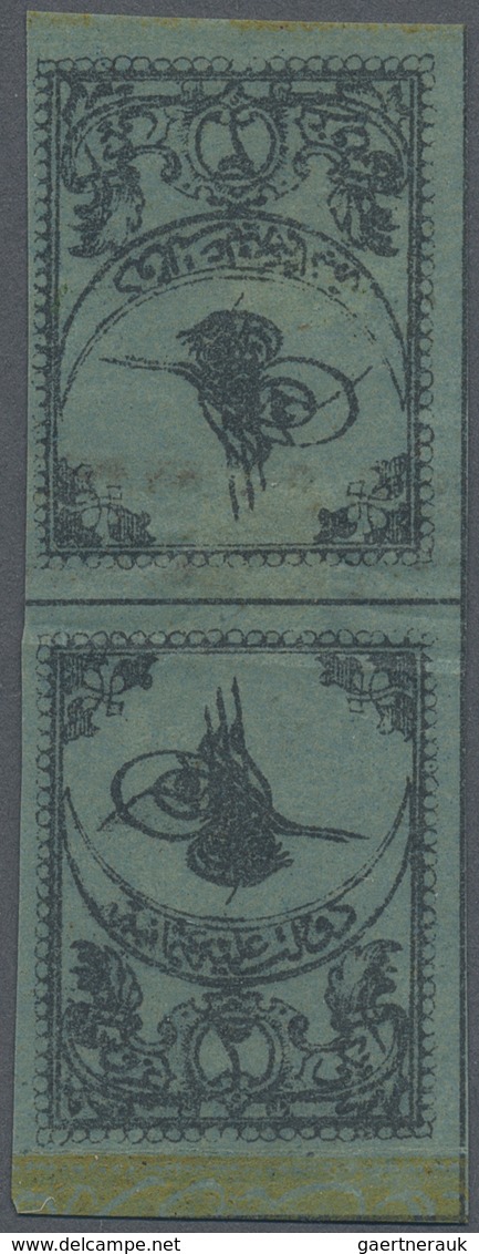* Türkei: 1863, 2 Pia. Blue Tete-beche Pair With Green Fancy Border, Second Print On Thin Paper, Mint - Lettres & Documents