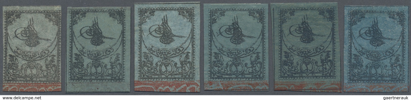 * Türkei: 1863, Color Study On Six Mint Hinged Stamps : 2 Pia Bright Blue To Deep Blue And Greenish Bl - Lettres & Documents