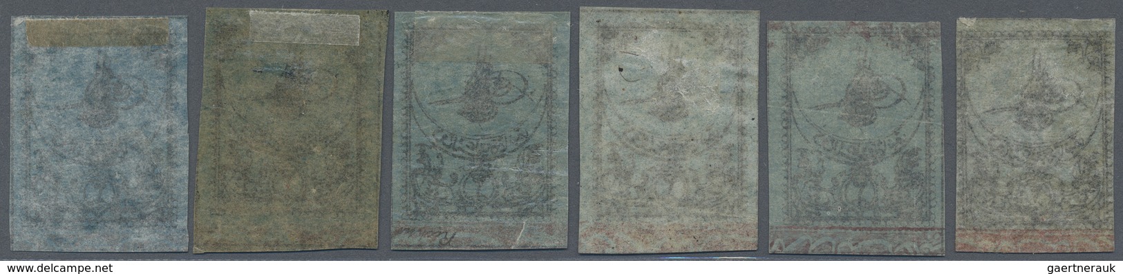 * Türkei: 1863, Color Study On Six Mint Hinged Stamps : 2 Pia Bright Blue To Deep Blue And Greenish Bl - Brieven En Documenten