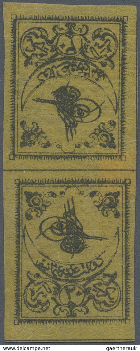 * Türkei: 1863, 20 Pa. Black On Thin Yellow Paper Variety Without Border, Mint Vertical «head To Head» - Brieven En Documenten