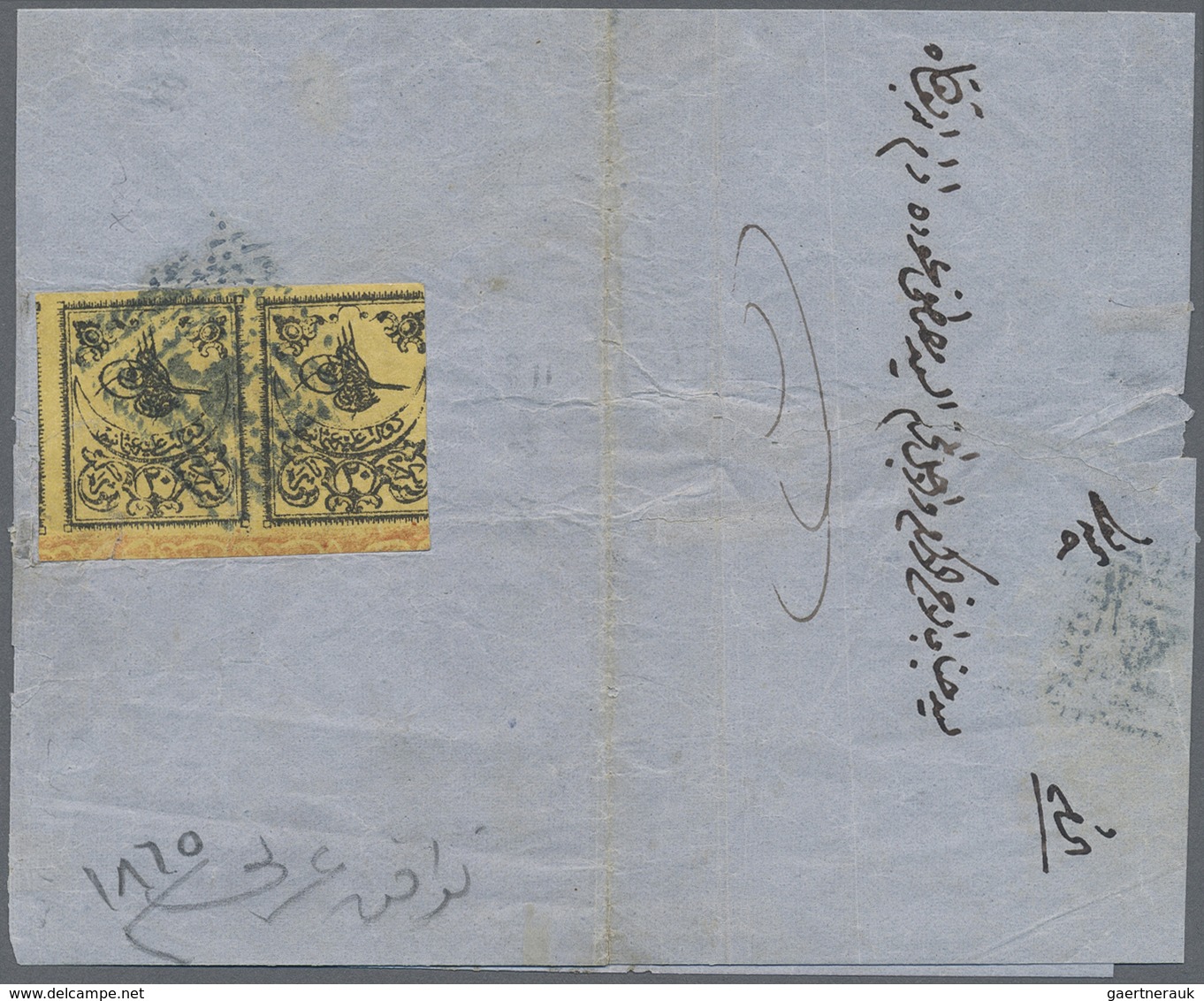 Br Türkei: 1864, Folded Envelope Bearing 20 Para Yellow Pair, 3rd Print Surface Coloured Thick Paper (m - Brieven En Documenten