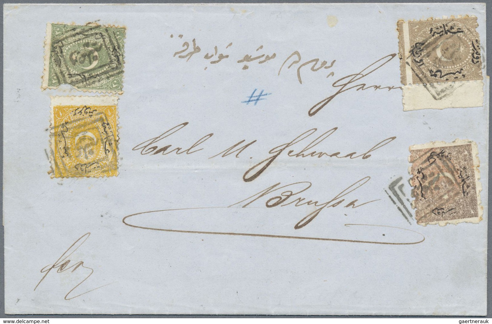 Br Türkei: 1868, 20 Pa. Green And 1 Pi. Yellow Perf 13 1/2, In Combination With 1870 10 Pa. Red Lilac ( - Lettres & Documents