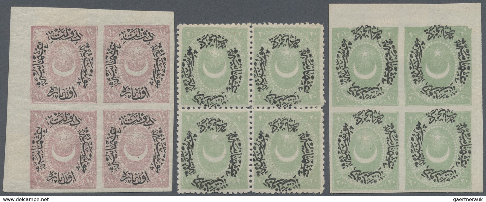 * Türkei: 1876, Study On Type VI, 10 Pa. Dull Violet Imperf Corner Margin Block, 20 Pa. Green In Imper - Brieven En Documenten
