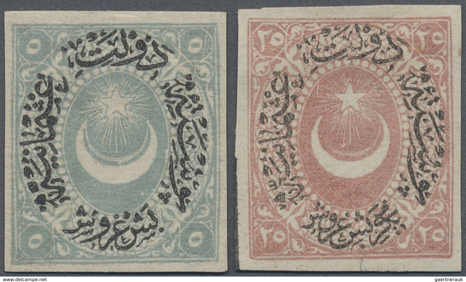 * Türkei: 1876, 5 Pia. Pale Blue And 25 Pia. Dull Rose Imperf Stamps, Each Mint Hinged With Gum, 25 Pi - Brieven En Documenten