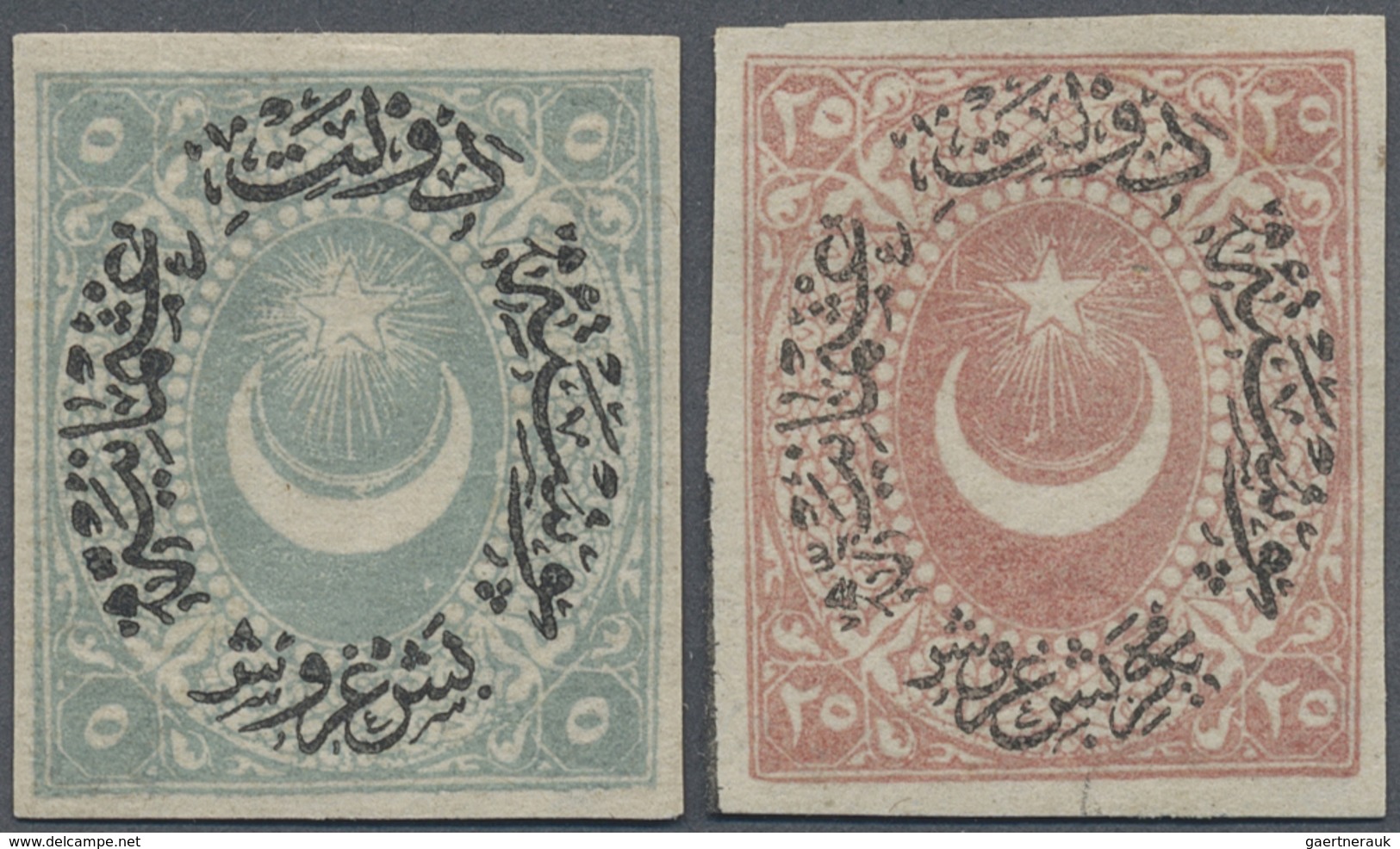 * Türkei: 1876, 5 Pia. Pale Blue And 25 Pia. Dull Rose Imperf Stamps, Each Mint Hinged With Gum, 25 Pi - Lettres & Documents