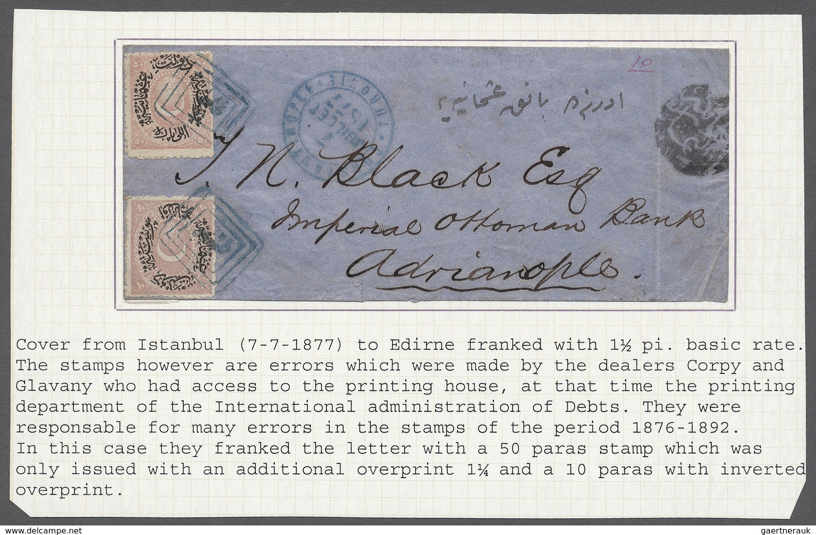 Br Türkei: 1877, Cover From GALATA To Edirne With Two Errors, 10 Pa. With Inverted Overprint And 50 Pa. - Brieven En Documenten