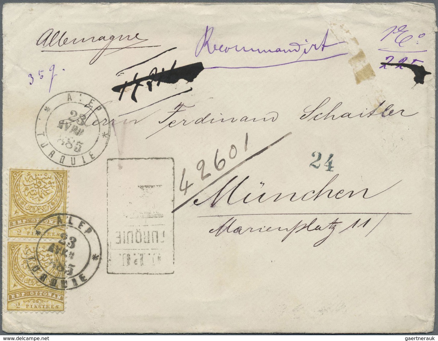 Br Türkei: 1885, Pair 2 Pia Yellowish Brown On Cover Tied By "ALEP TURQUIE 23/4/85" Cds. UPU Registrati - Brieven En Documenten