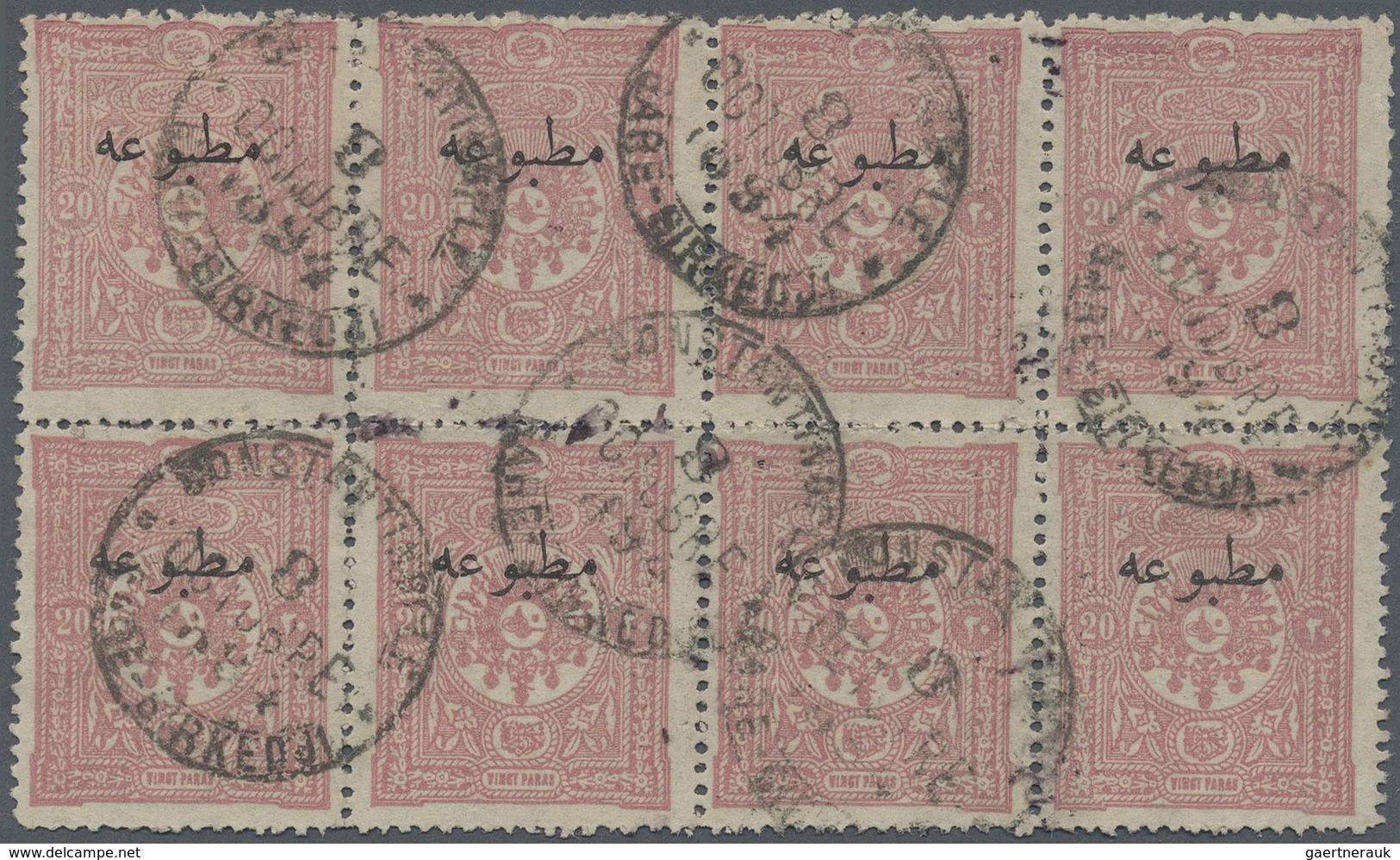 O Türkei: 1893, "MATBUA" Surcharged 20 Pa. Rose Block Of Eight, Clear Cancelled "CONSTANTINOPLE SIRKED - Brieven En Documenten