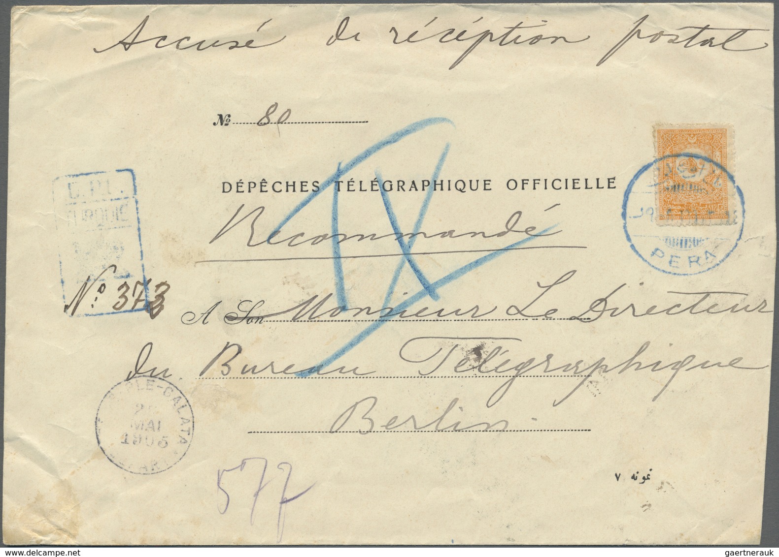 Br Türkei: 1901, 2 Pia. Orange Tied By Blue Bilingual Cds. "PERA 25.MAI.05" To Registered Cover "DÉPÊCH - Lettres & Documents