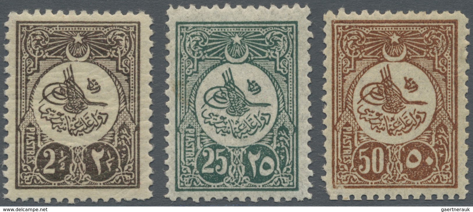 ** Türkei: 1909, Freimarken, Drei Werte Gezähnt L 12, 50 Pia Mit Kleinem Fehler. - Lettres & Documents