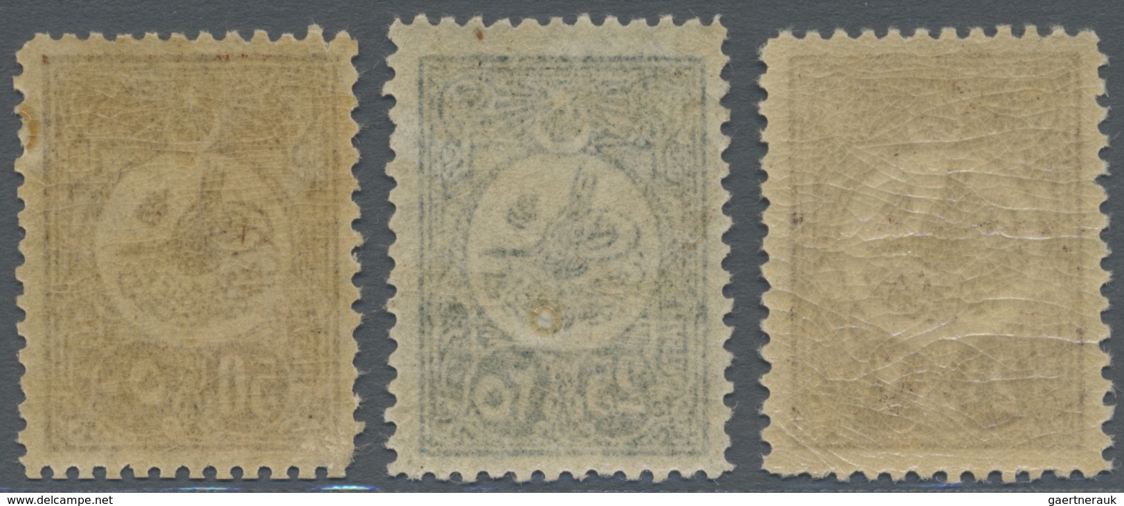 ** Türkei: 1909, Freimarken, Drei Werte Gezähnt L 12, 50 Pia Mit Kleinem Fehler. - Lettres & Documents