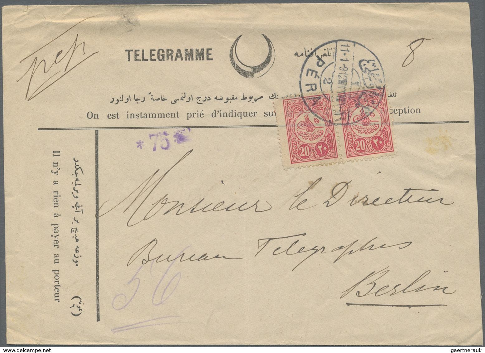 Br Türkei: 1909, 20 Pa. Carmine, Horizontal Pair Tied By Bilingual Cds. "PERA 11.1.12" To Preprinting C - Brieven En Documenten