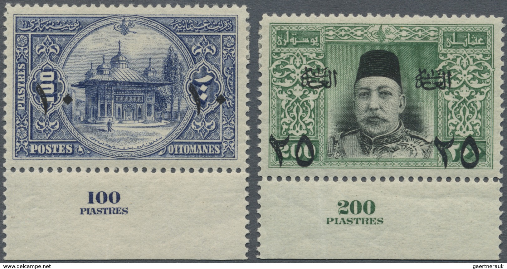 * Türkei: 1915, Overprints 10 Pia. On 100 Pia. And 25 Pia. On 200 Pia., Two Lower Marginal Copies With - Brieven En Documenten