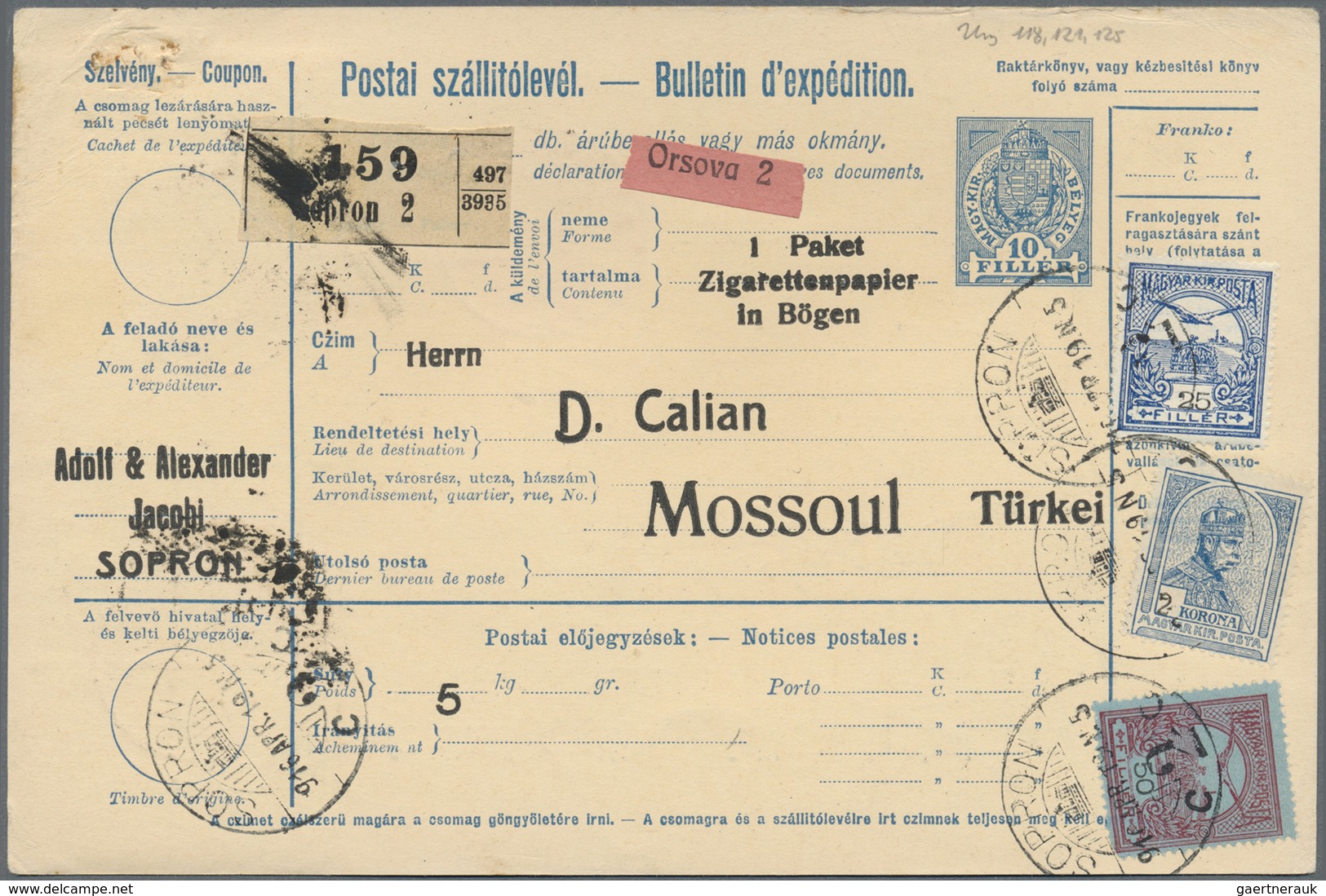 Br Türkei: 1917, 5 Pia. Brown, Two Blocks Of 4 As Delivery Charge, Tied By Cds. "MOUSSOUL 14.1." To Rev - Brieven En Documenten