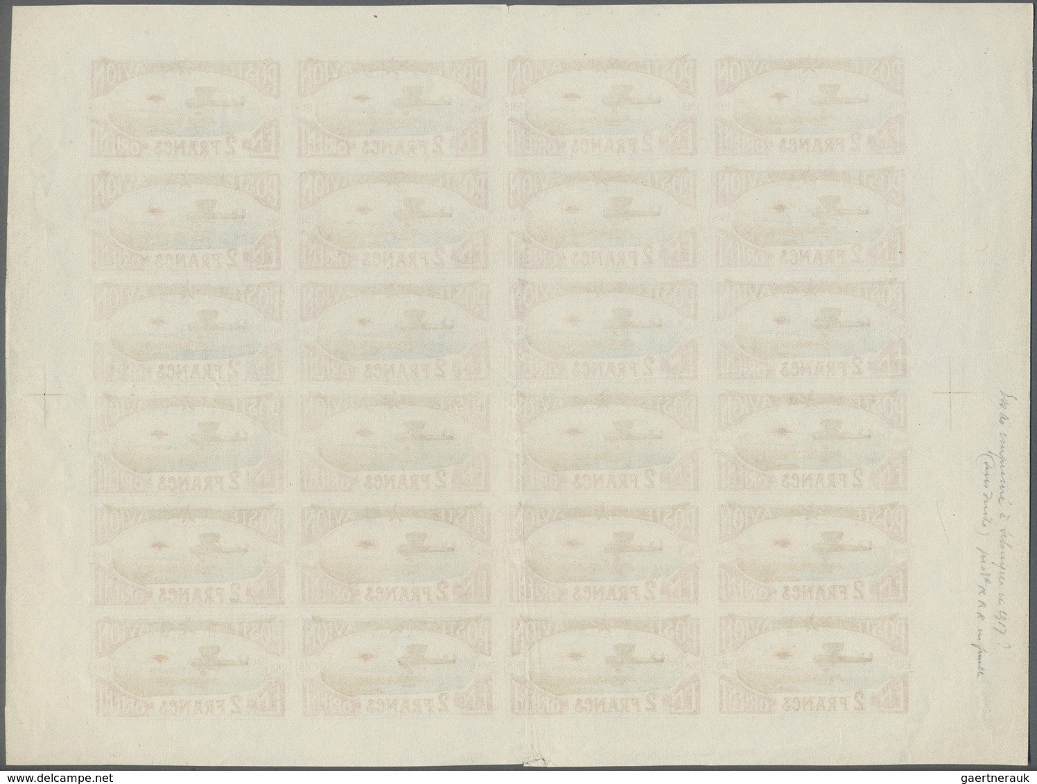 (*) Türkei: 1918, France Air Mail In The Levant : 2 Francs Complete Sheet With Margins, Progressive Plat - Brieven En Documenten