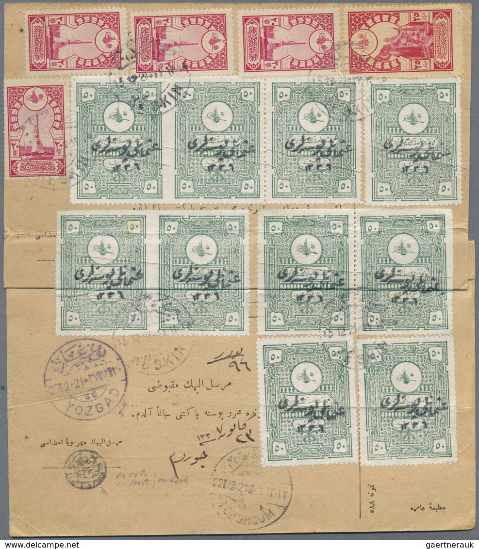 Br Türkei: 1921/15/12, TURKEY IN ASIA : Strip Of Three 50 Piaster Grey-green Vertical Imperf Between Le - Lettres & Documents