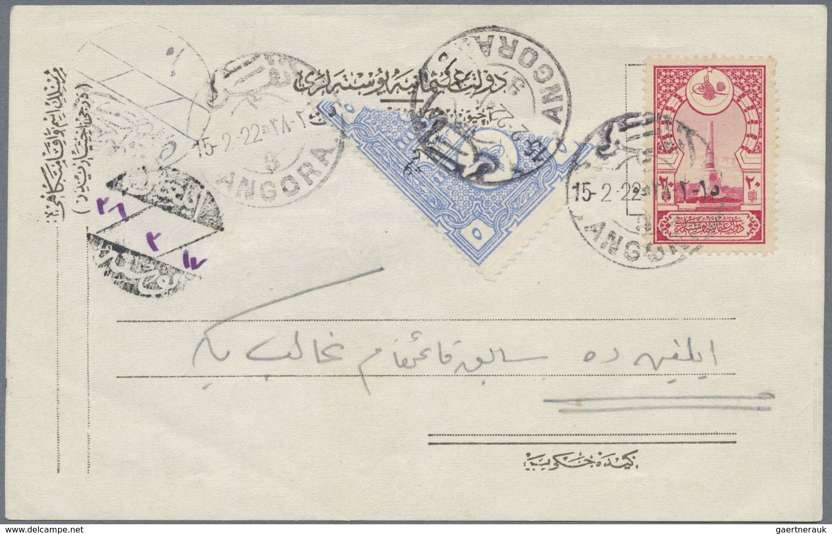 GA/Br Türkei: 1922, 5 Pia. Ultramarine Used Bisect On Card With 20 Para Carmine Performing 3 Pia. Rate, Ea - Brieven En Documenten