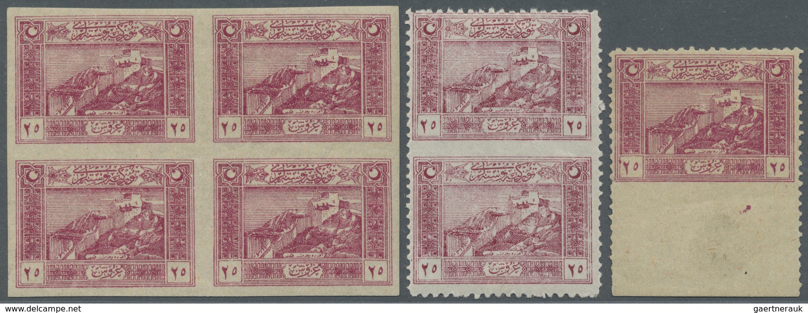 **/* Türkei: 1922, National Unification, 25pi. Carmine, Lot Of Three Varieties: Imperforate Block Of Four - Lettres & Documents