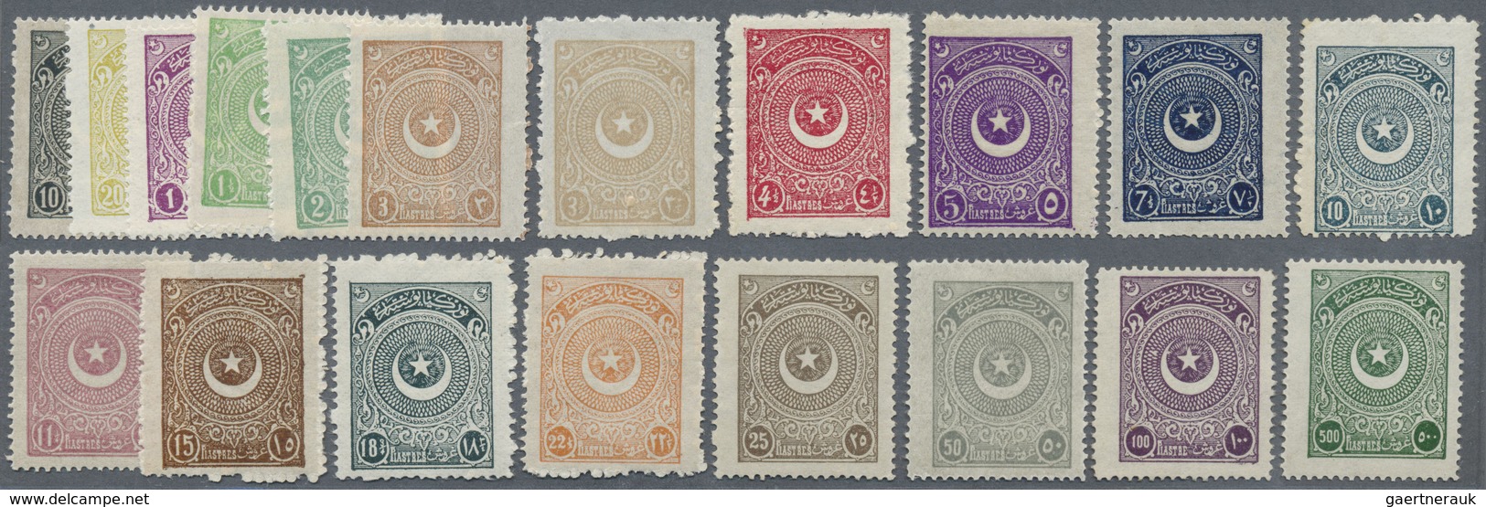 ** Türkei: 1923, Star And Moon First Issue Set Of 19 Values Up To 500 Pia. Green, Mint Never Hinged, Ve - Brieven En Documenten