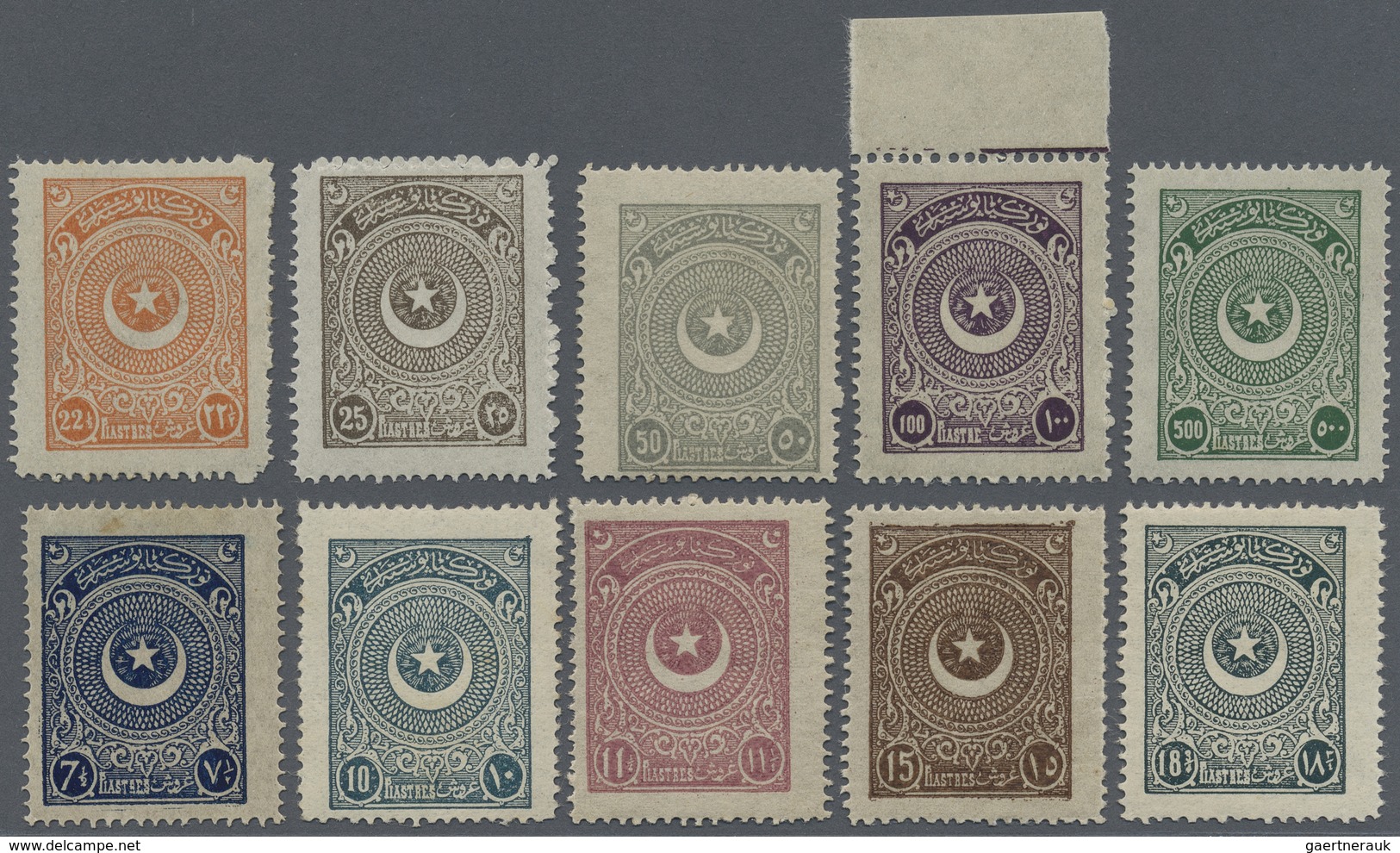 ** Türkei: 1923, Star And Moon First Issue Set Of 21 Values Up To 500 Pia. Green, Mint Never Hinged, Ve - Lettres & Documents