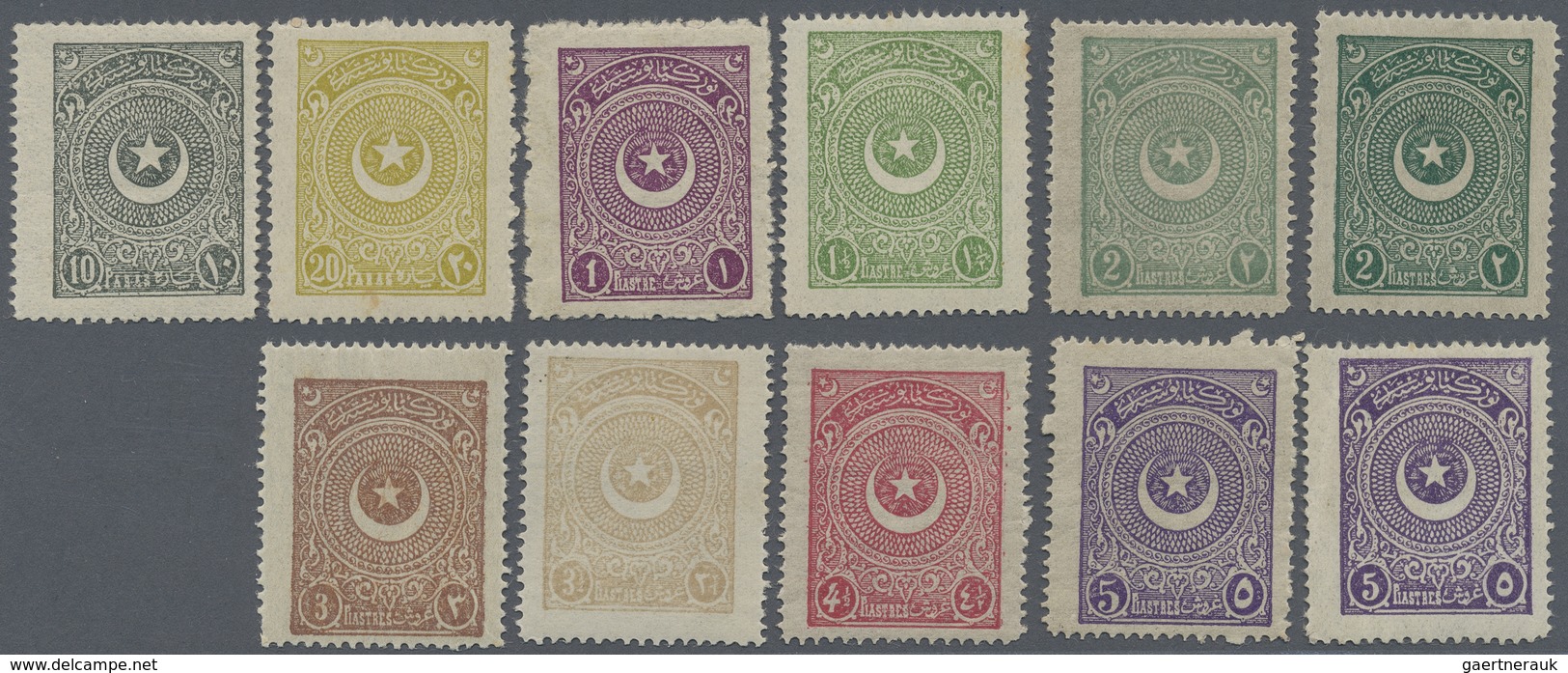 ** Türkei: 1923, Star And Moon First Issue Set Of 21 Values Up To 500 Pia. Green, Mint Never Hinged, Ve - Lettres & Documents