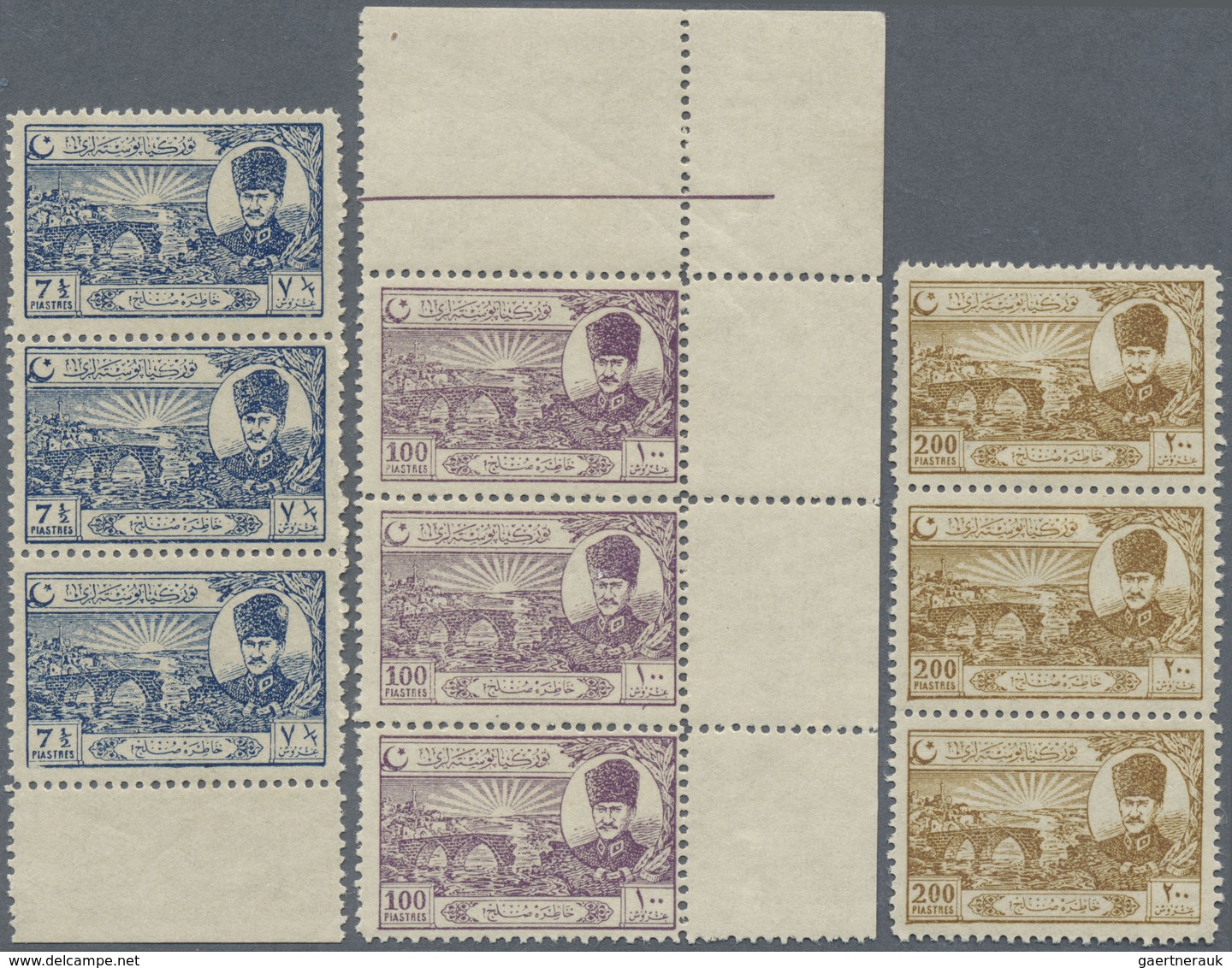 ** Türkei: 1924, Lausanne Complete Set Of Eight Values In Strips Of Three, Six With Margins, Mint Never - Lettres & Documents