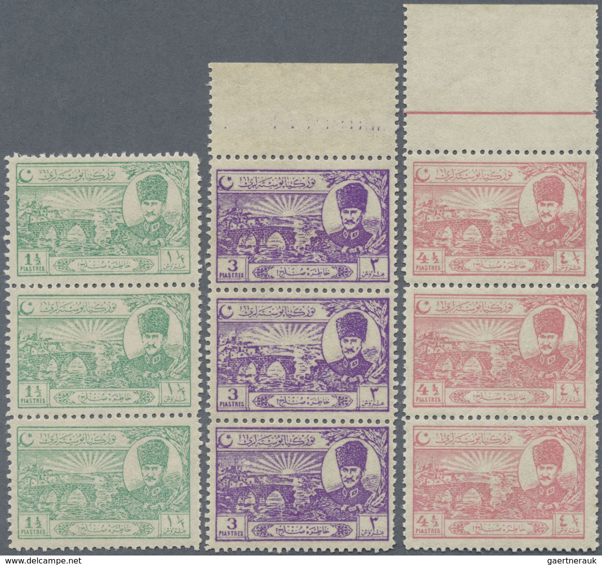 ** Türkei: 1924, Lausanne Complete Set Of Eight Values In Strips Of Three, Six With Margins, Mint Never - Lettres & Documents