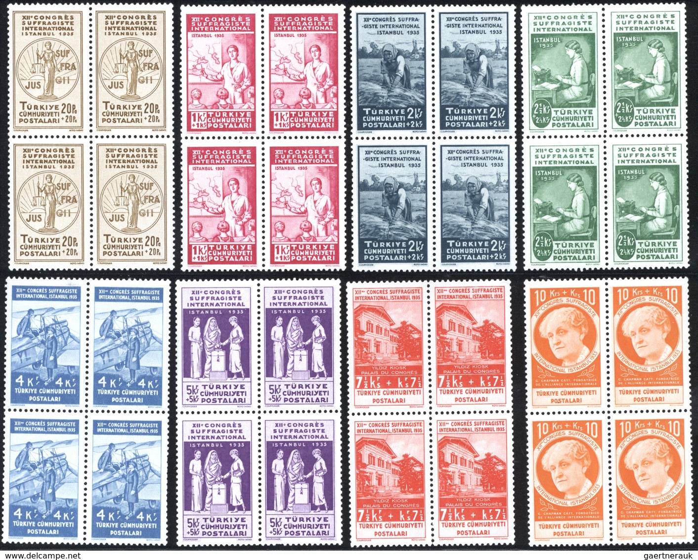 ** Türkei: 1935, Woman's Rights Congress Complete Set Of 15 Values In Blocks Of Four, Mint Never Hinged - Lettres & Documents