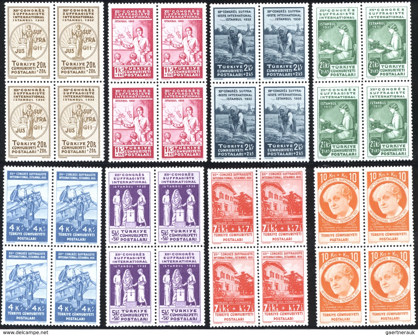 ** Türkei: 1935, Woman's Rights Congress Complete Set Of 15 Values In Blocks Of Four, Mint Never Hinged - Brieven En Documenten