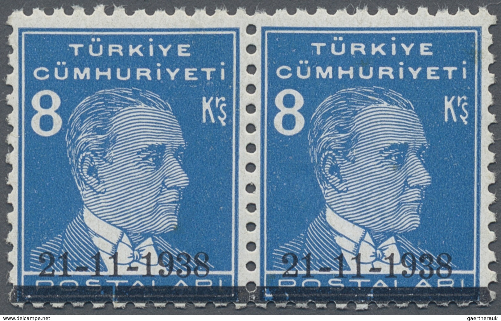 ** Türkei: 1938, Pair 8 Krs. Light Blue Atatürk Mourning Issue, Mint Never Hinged, Very Fine And Rare S - Brieven En Documenten