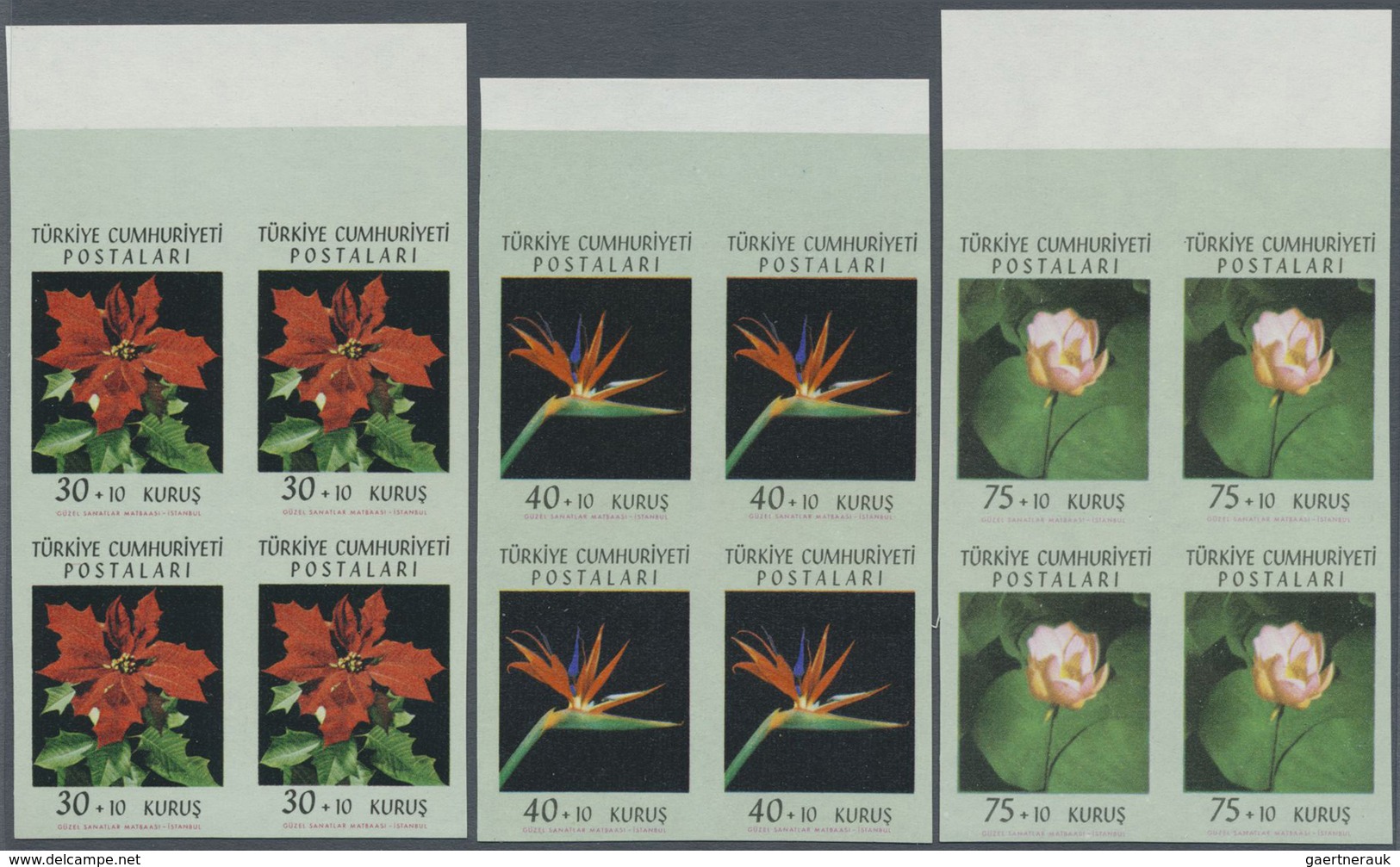 **/ Türkei: 1962, Flower Festival 30-75 K. Imperforated Block Of 4 With Sheet Margin At Top, Complete Se - Brieven En Documenten