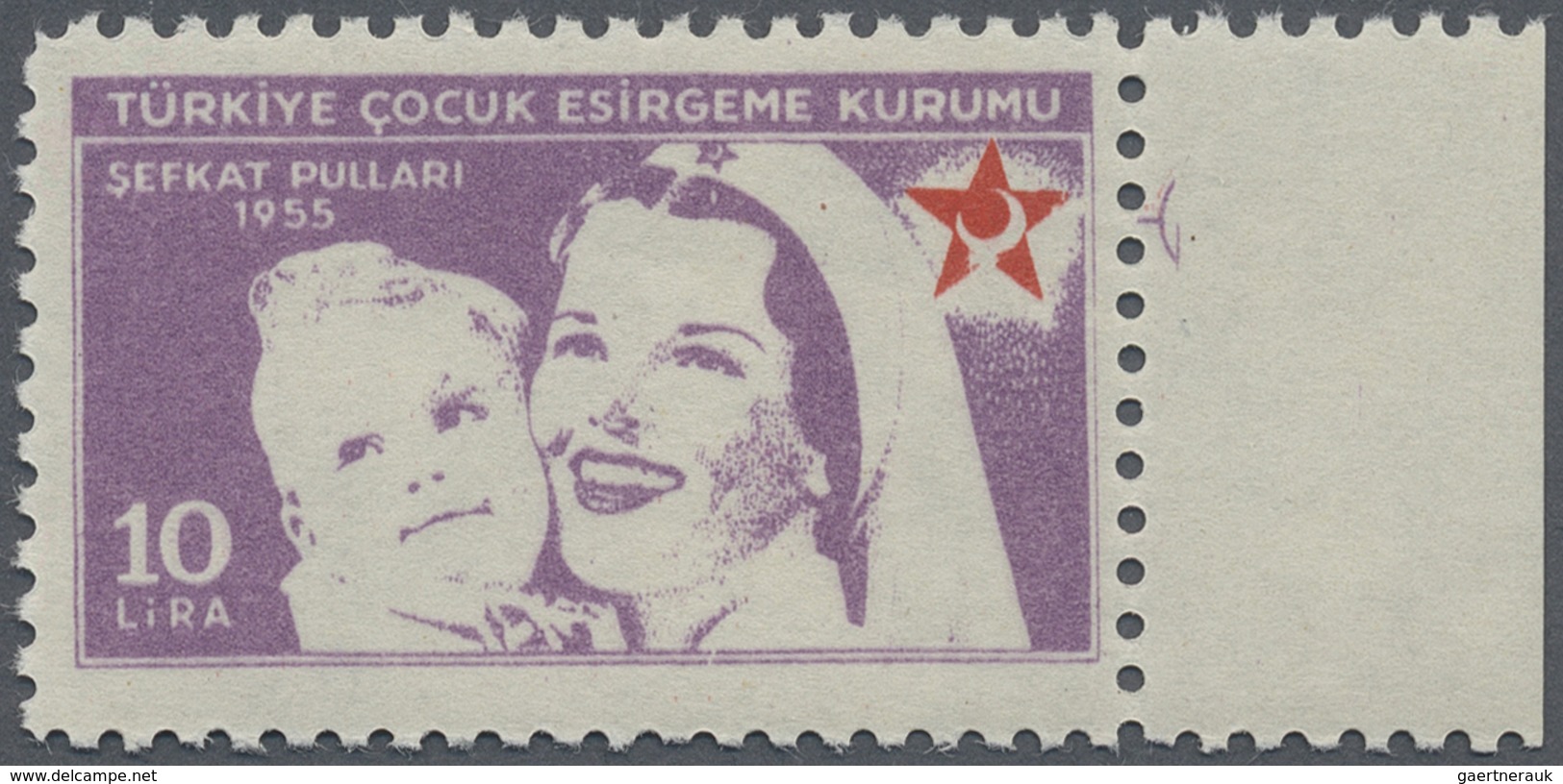 ** Türkei - Zwangszuschlagsmarken Für Den Roten Halbmond: 1955, Red Crescent 10 Lira Violet Red, Right - Timbres De Bienfaisance