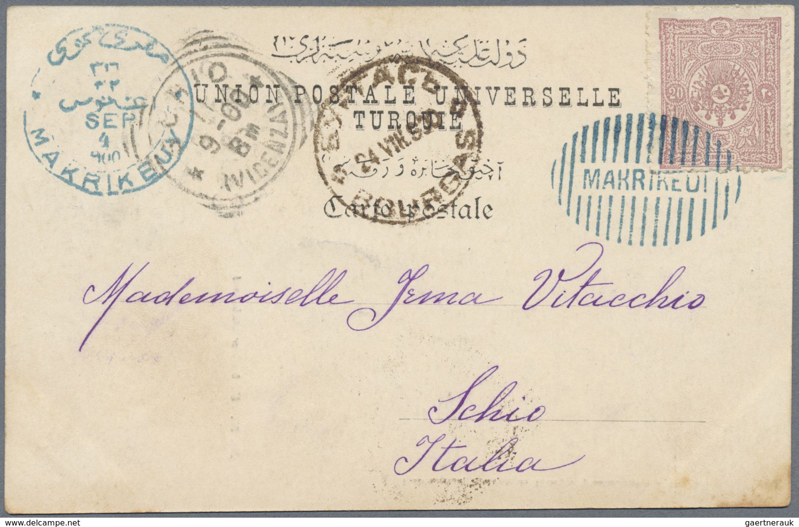 Türkei - Stempel: 1900, Postcard Bearing 20 Pa. Violet Tied By Clear Oval Barred "MAKRIKEUI" In Blue - Andere & Zonder Classificatie