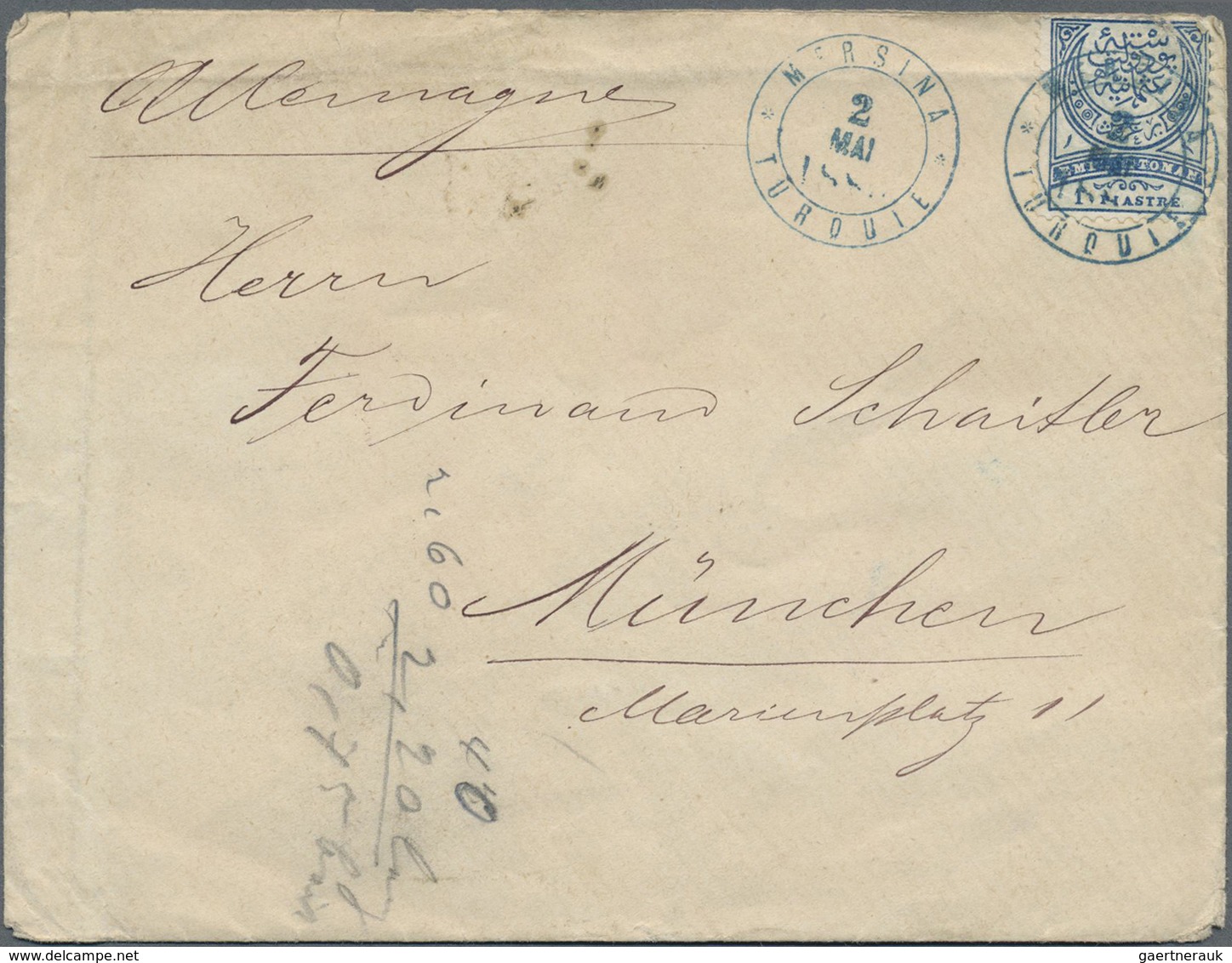 Br Türkei - Stempel: 1885, 1 Pia Blue On Cover Tied By "MERSINA TURQUIE 2/5/85" Cds., Transit Marks Sym - Andere & Zonder Classificatie