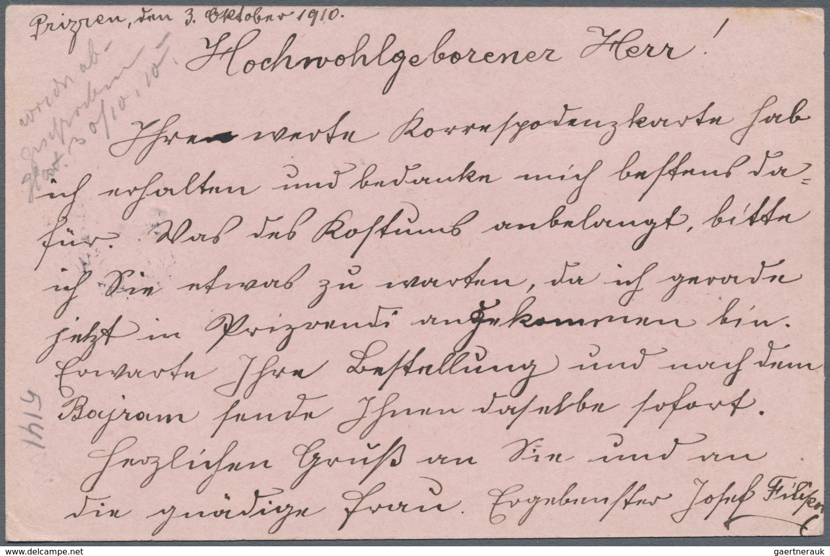 GA Türkei - Stempel: 1910, "PRIZRIN CARSU POSTA SUBESI 1323" (Isfila No.1, RR) Clear All Arabic Market - Andere & Zonder Classificatie