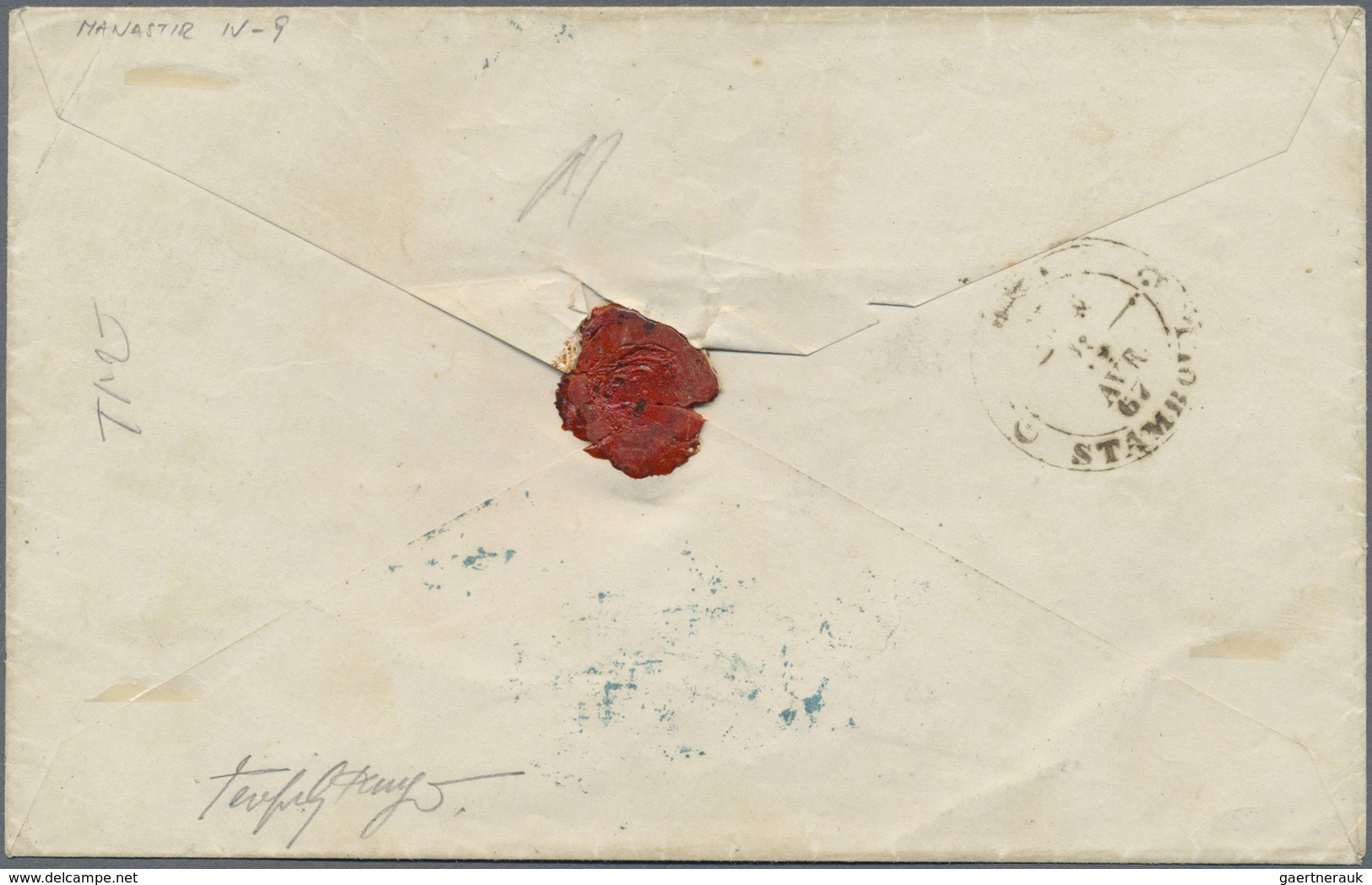 Br Türkei - Stempel: 1865, Envelope Bearing 5 Pia. Carmine And 1 Pia. Grey Each Tied By Blue "MONASTIR - Autres & Non Classés