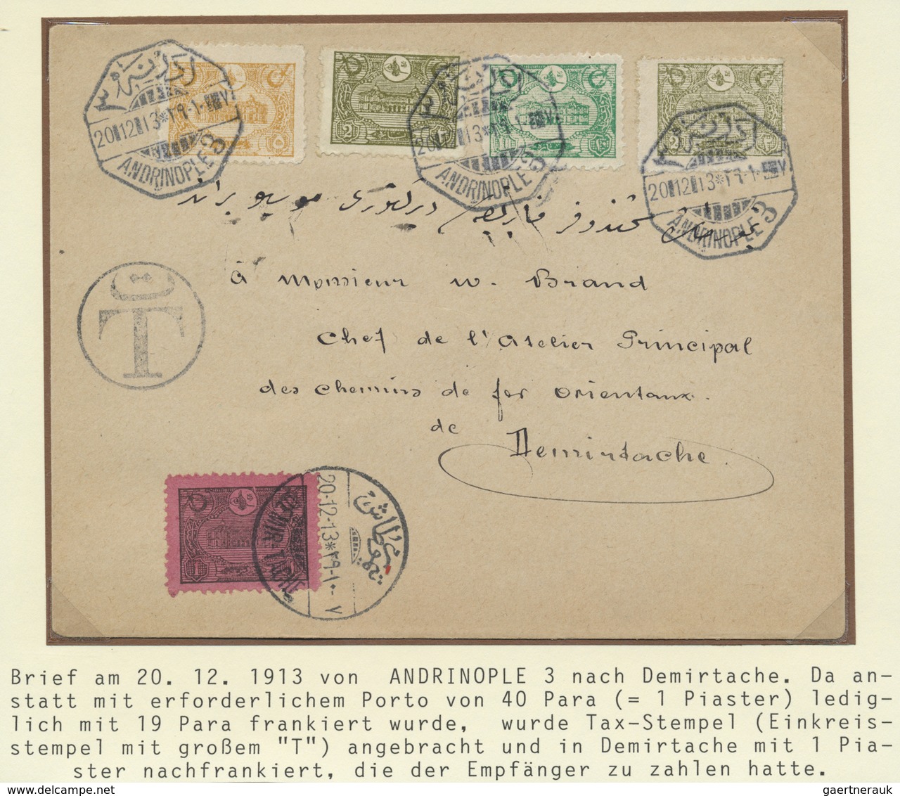 Br Türkei - Stempel: 1913, "ANDRINOPLE 3 - 20/12/13" Octogonal Ds. On Cover Bearing 19 Para Underfranke - Andere & Zonder Classificatie