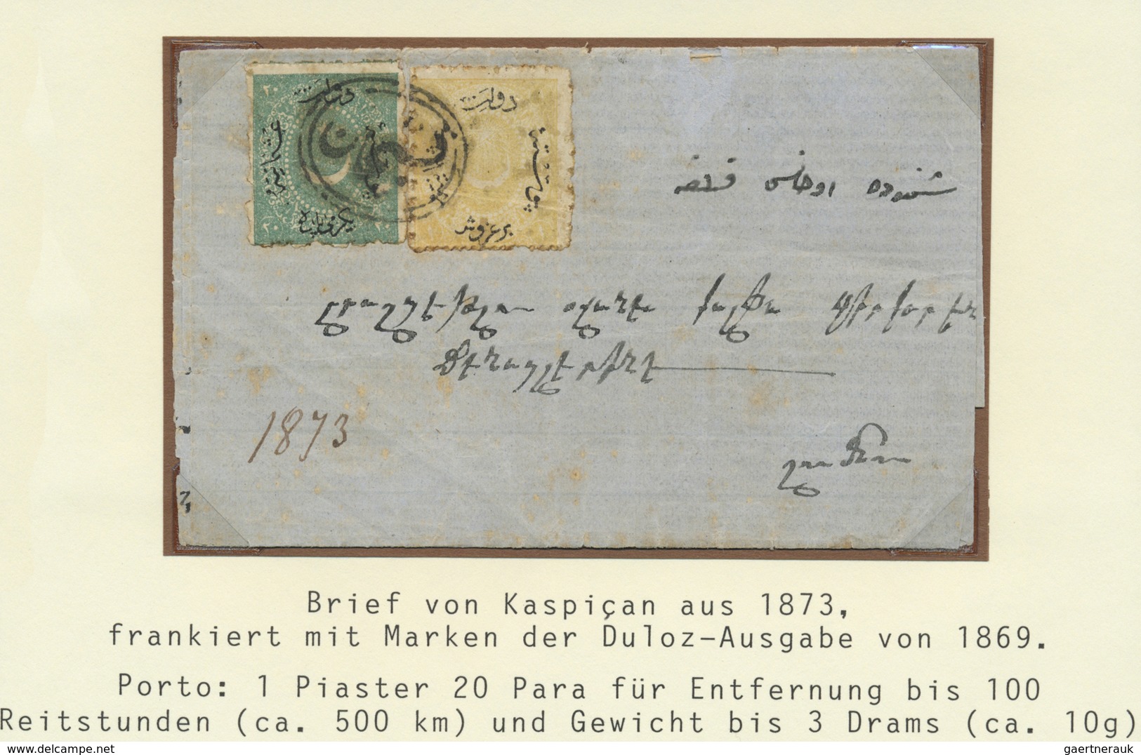 Br Türkei - Stempel: 1873, Cover From "KASPICAN" To Shumnu, 1 Pia. Yellow And 20 Para Green 1870 Issue, - Autres & Non Classés