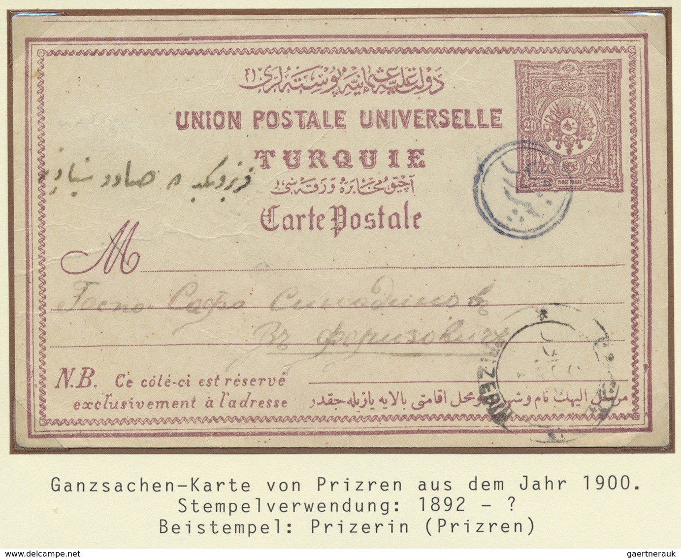 GA Türkei - Stempel: 1900, "PRIZREN" Blue All Arabic Cancellation (Coles.-Walker No.114) On Postal Stat - Andere & Zonder Classificatie