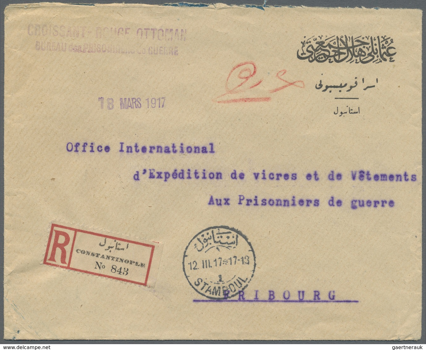 Br Türkei - Besonderheiten: 1917, Registered Letter From "CROISSANT ROUGE OTTOMAN" On Preprinted POW - - Andere & Zonder Classificatie