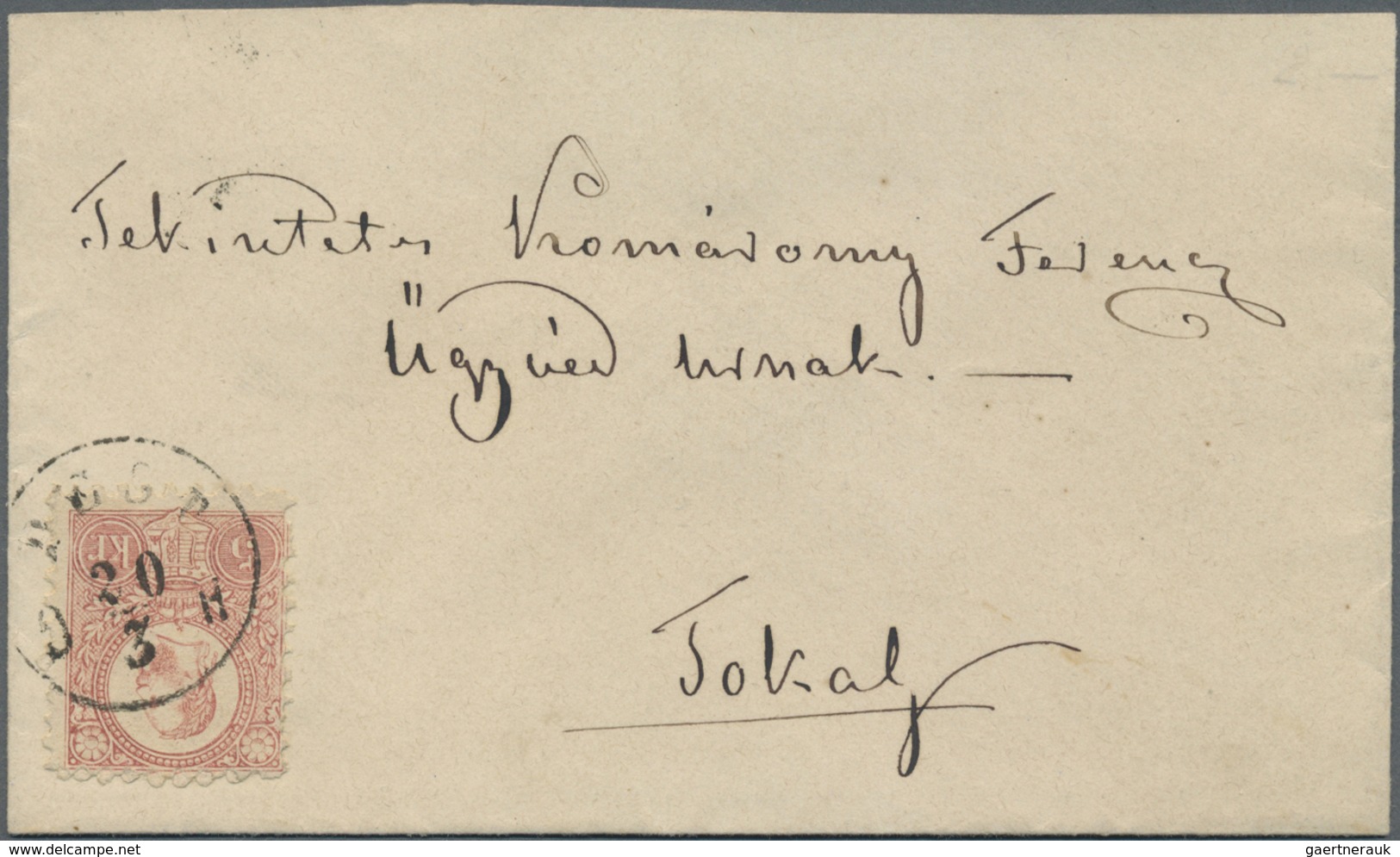 Br Ungarn: 1871 'Franz Josef' 5c., Lithographed, Single Franking On Cover From Pest To Tokay, Tied By " - Lettres & Documents