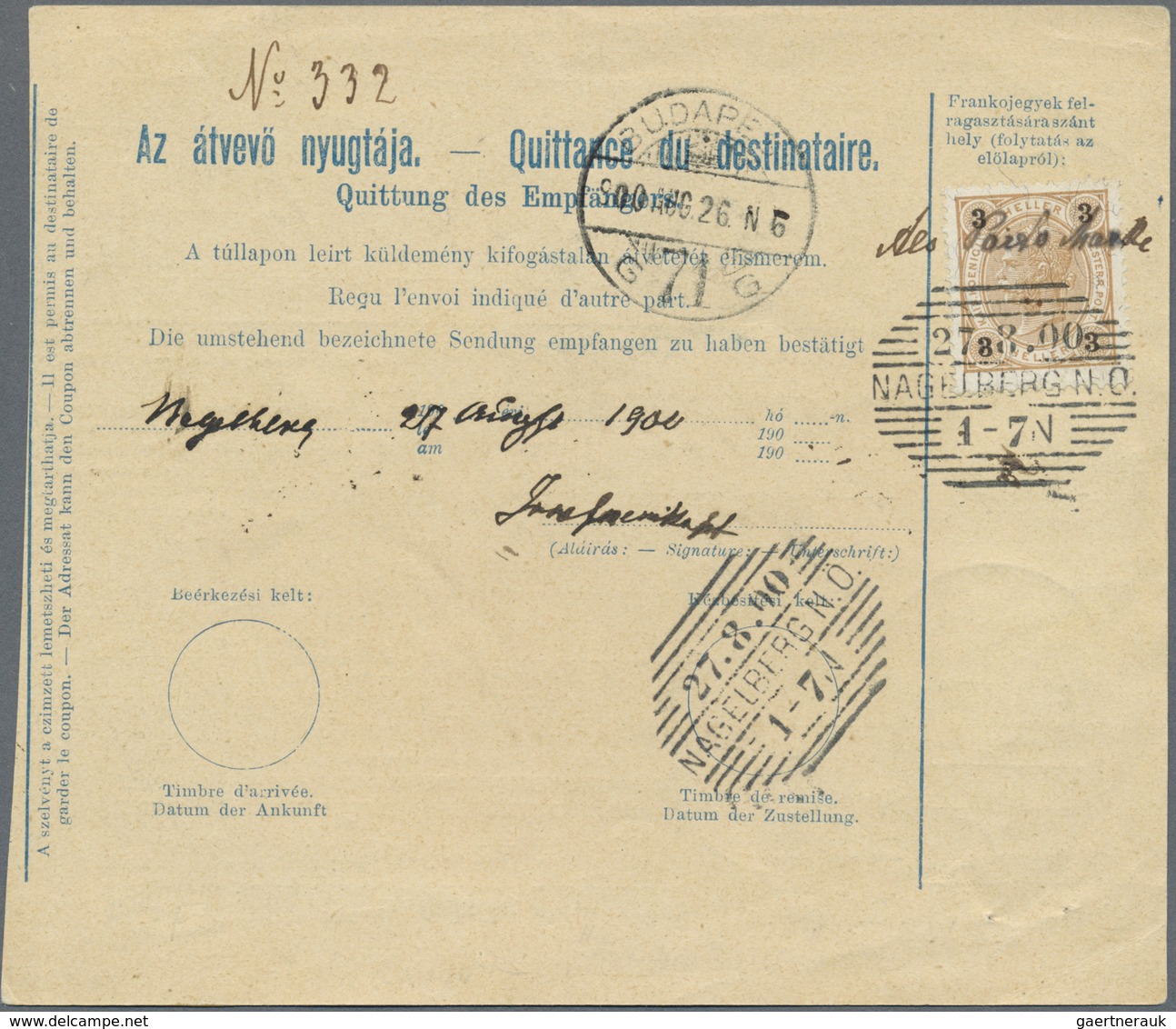 GA Ungarn: 1900, 10 Filler Blue Post Escort Adress With Additional Franking From Budapest To Alt-Nagelb - Lettres & Documents